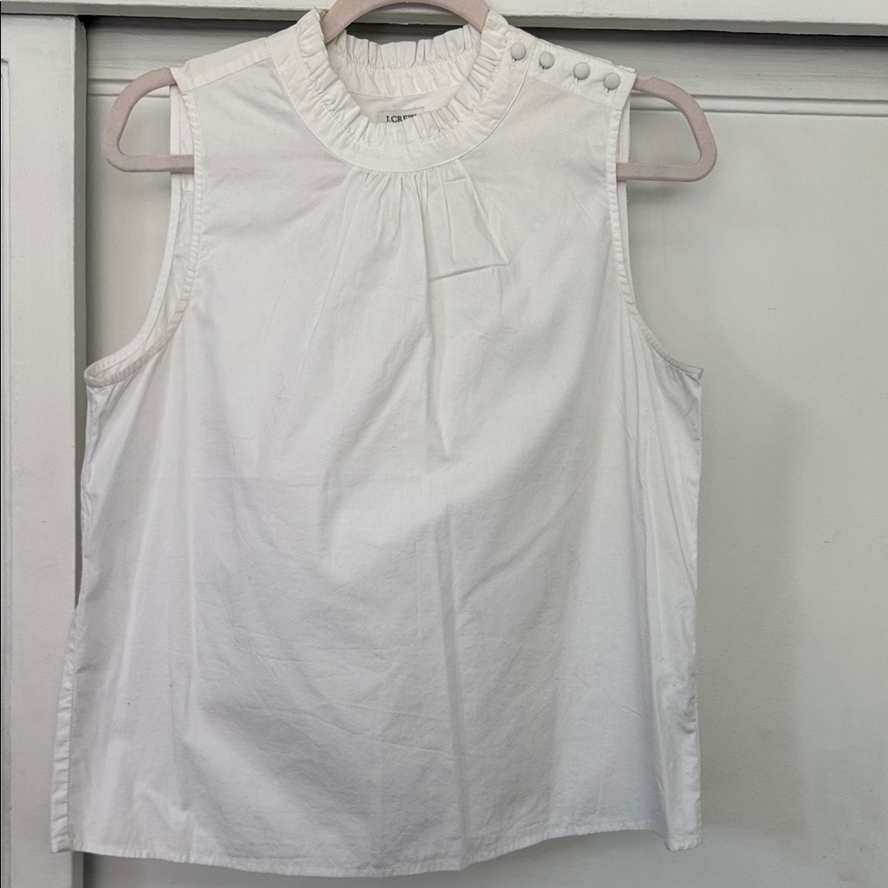 J. Crew White Sleeveless Ruffle-Neck Button-Shoulder Top